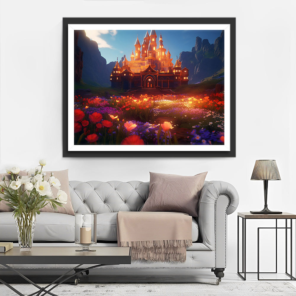 Blumen und Schloss leuchten in der Nacht Diamond Painting