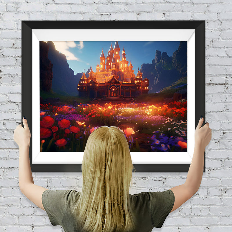 Blumen und Schloss leuchten in der Nacht Diamond Painting