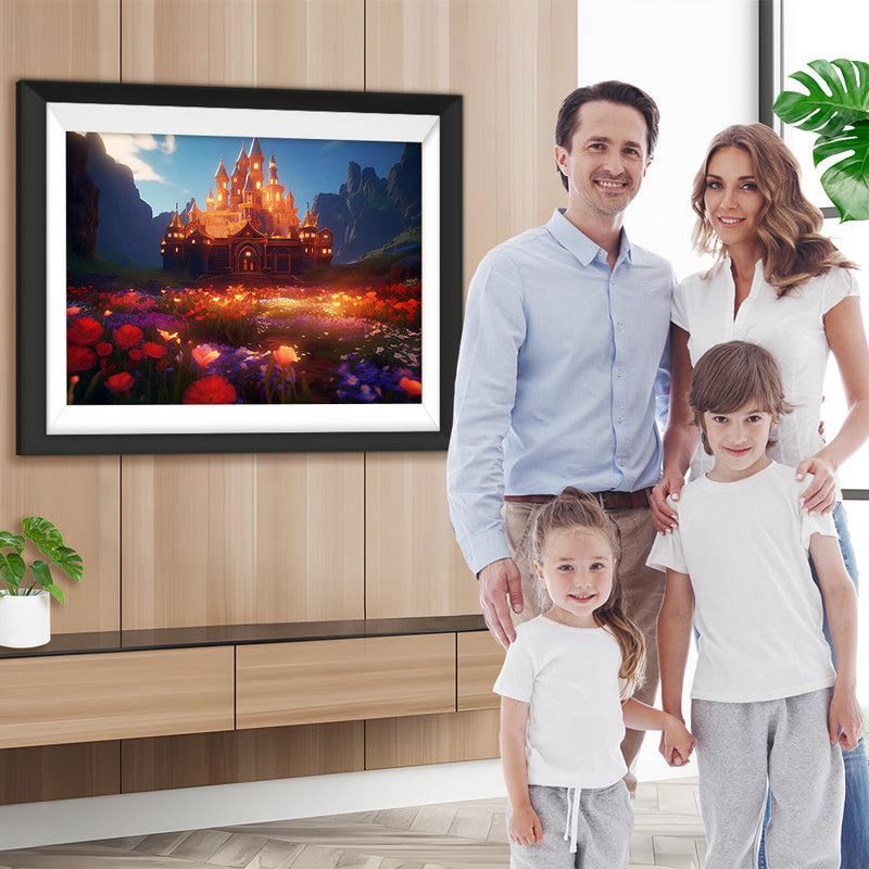 Blumen und Schloss leuchten in der Nacht Diamond Painting