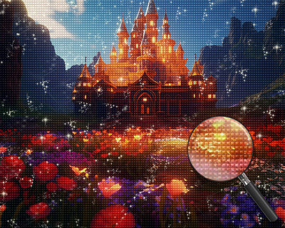 Blumen und Schloss leuchten in der Nacht Diamond Painting
