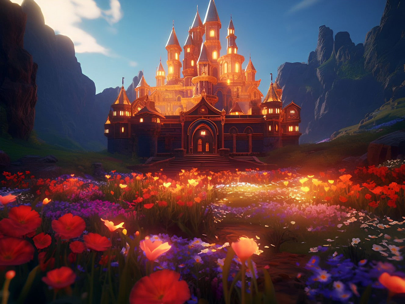 Blumen und Schloss leuchten in der Nacht Diamond Painting