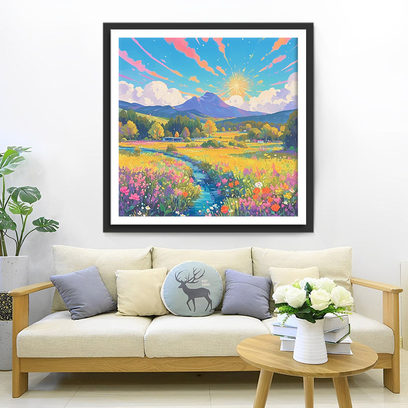Blumenmeer am Fuße des Berges Diamond Painting
