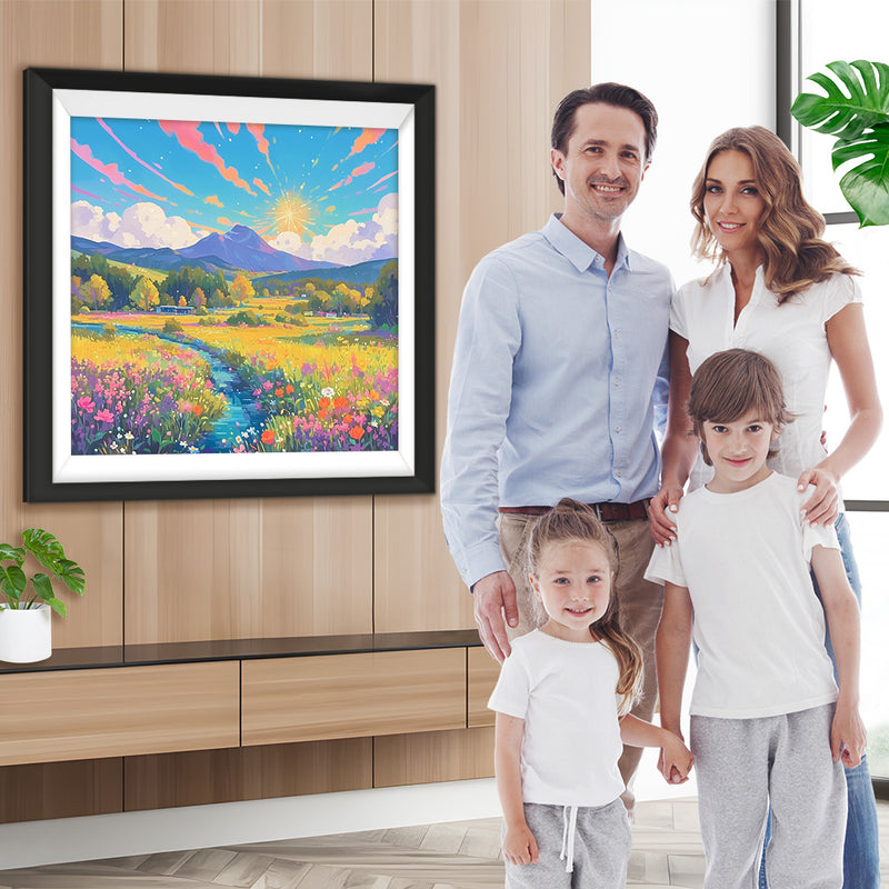 Blumenmeer am Fuße des Berges Diamond Painting