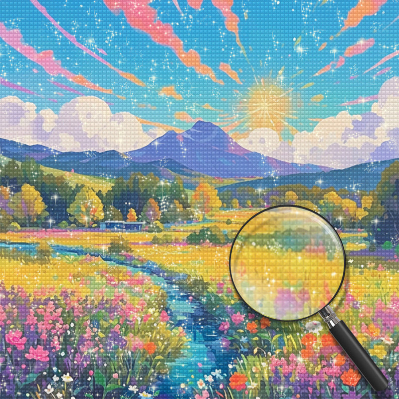 Blumenmeer am Fuße des Berges Diamond Painting