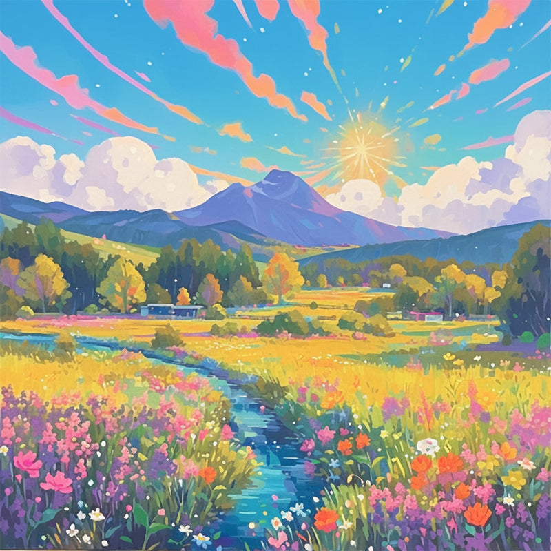 Blumenmeer am Fuße des Berges Diamond Painting