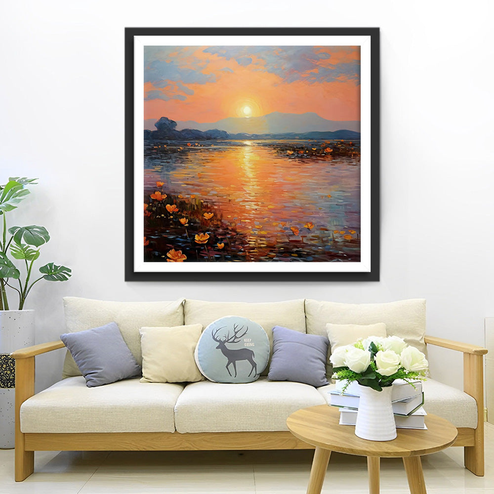 Blumensee bei Sonnenuntergang Diamond Painting