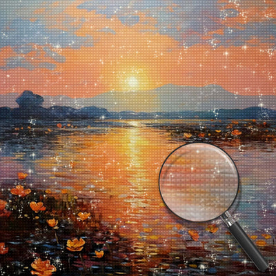 Blumensee bei Sonnenuntergang Diamond Painting