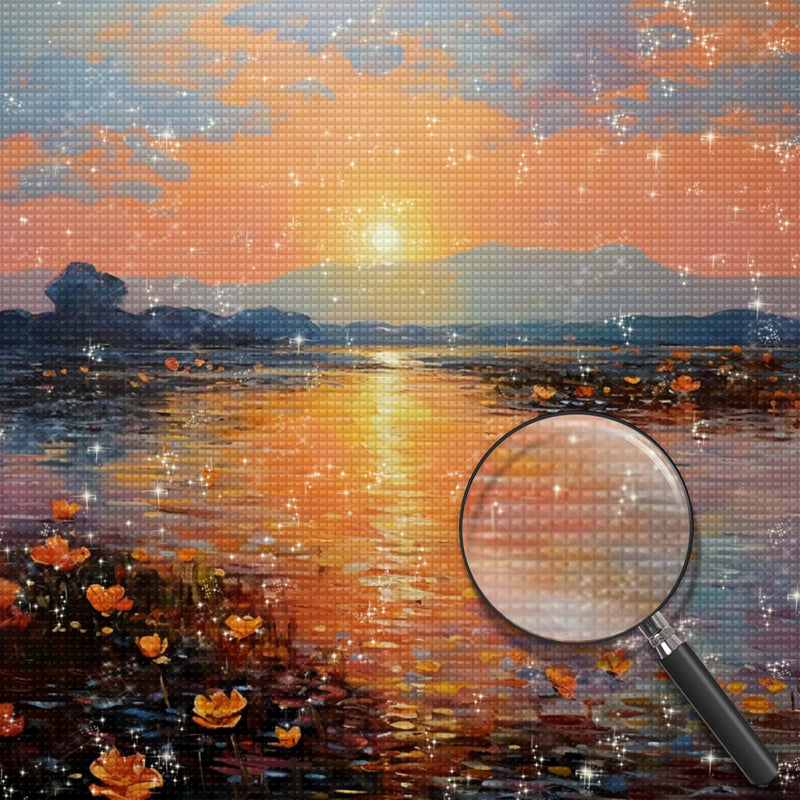 Blumensee bei Sonnenuntergang Diamond Painting