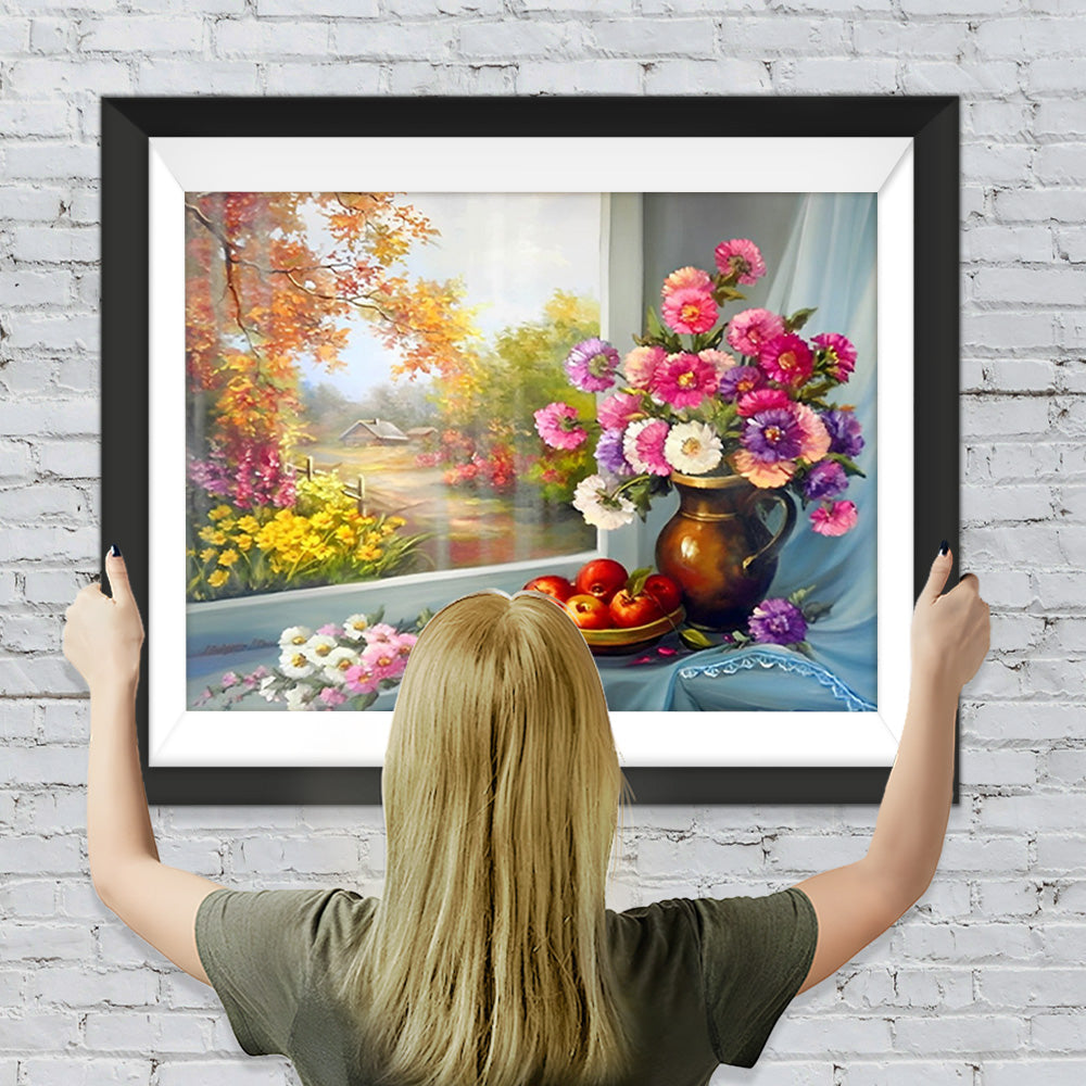 Blumenstrauß im Herbst am Fenster Diamond Painting
