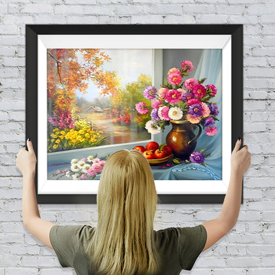 Blumenstrauß im Herbst am Fenster Diamond Painting