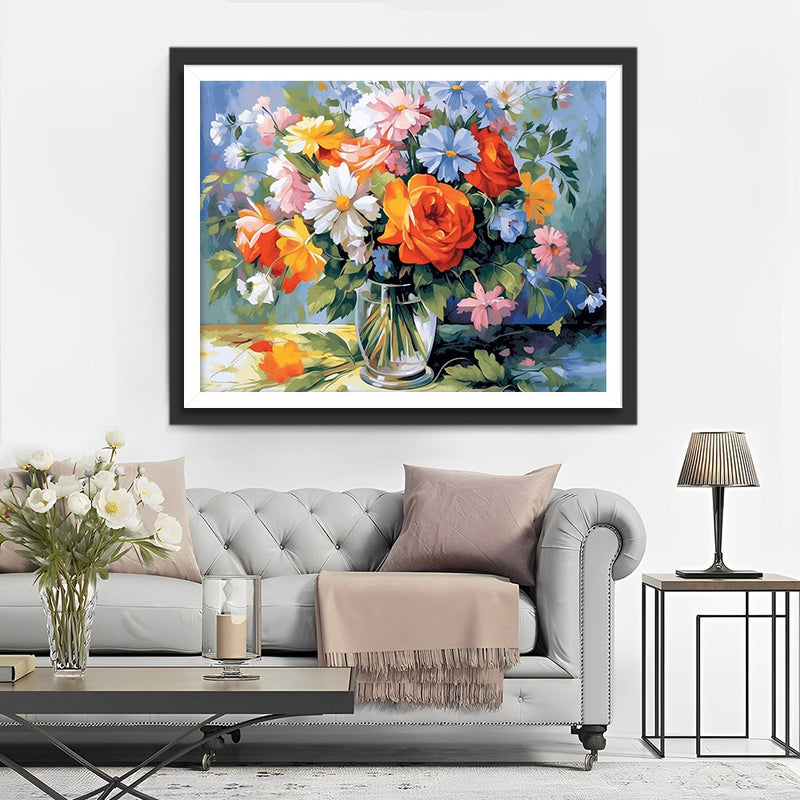 Blumenstrauß in weißer Glasvase Diamond Painting