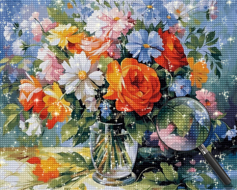 Blumenstrauß in weißer Glasvase Diamond Painting