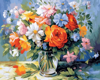 Blumenstrauß in weißer Glasvase Diamond Painting