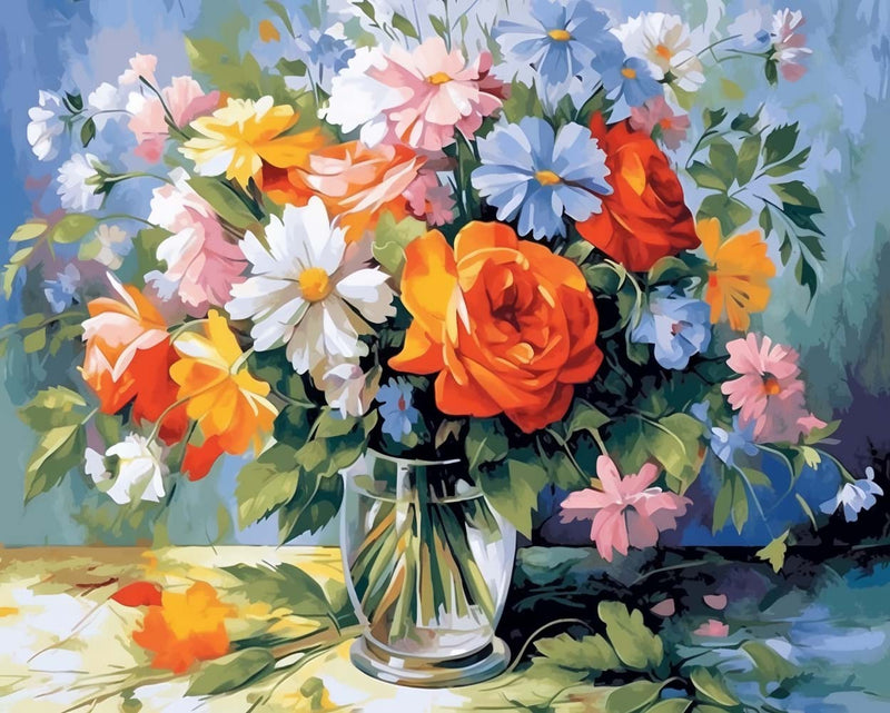 Blumenstrauß in weißer Glasvase Diamond Painting