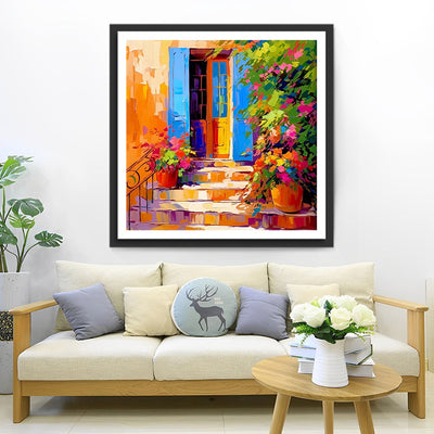 Blumentöpfe vor der Blauen Tür Diamond Painting
