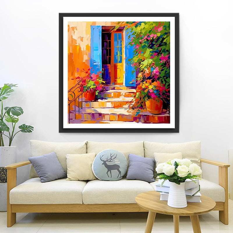 Blumentöpfe vor der Blauen Tür Diamond Painting