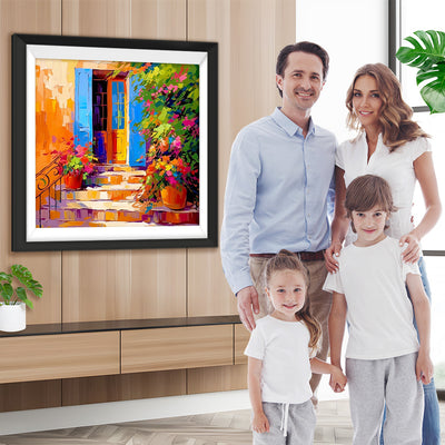 Blumentöpfe vor der Blauen Tür Diamond Painting