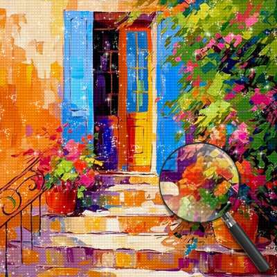 Blumentöpfe vor der Blauen Tür Diamond Painting