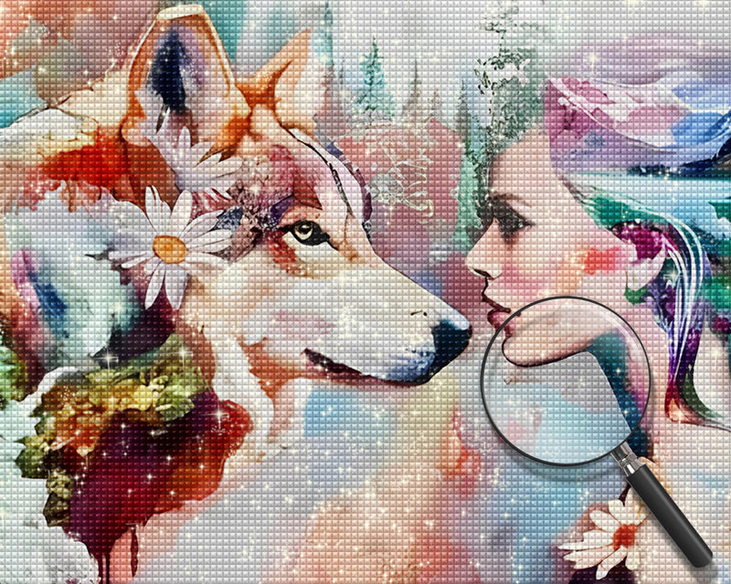 Blumenwolf und Schönheit Diamond Painting
