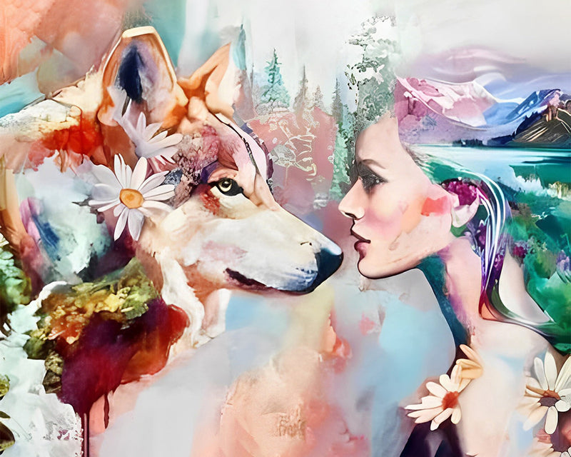 Blumenwolf und Schönheit Diamond Painting