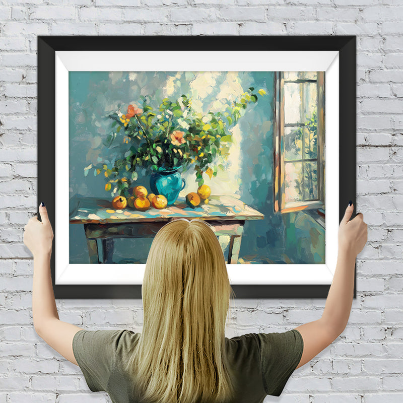 Bonsai und Früchte am Fenster Diamond Painting