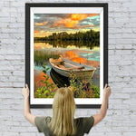 Boot auf dem Herbstsee bei Sonnenuntergang Diamond Painting