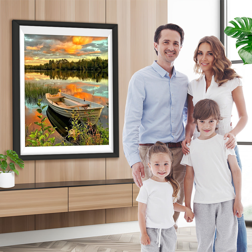 Boot auf dem Herbstsee bei Sonnenuntergang Diamond Painting