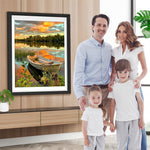 Boot auf dem Herbstsee bei Sonnenuntergang Diamond Painting