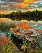 Boot auf dem Herbstsee bei Sonnenuntergang Diamond Painting