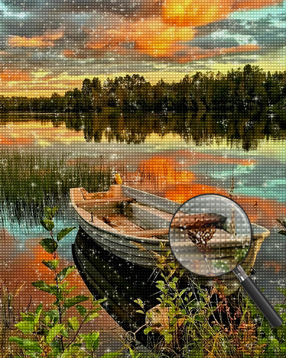Boot auf dem Herbstsee bei Sonnenuntergang Diamond Painting