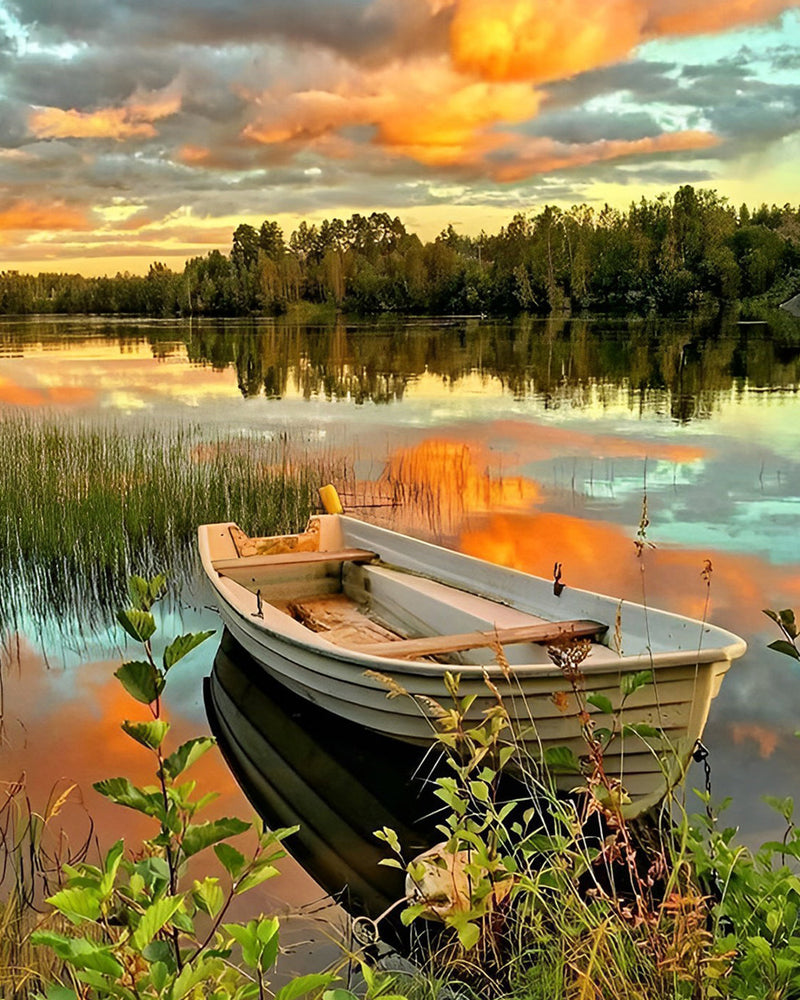 Boot auf dem Herbstsee bei Sonnenuntergang Diamond Painting