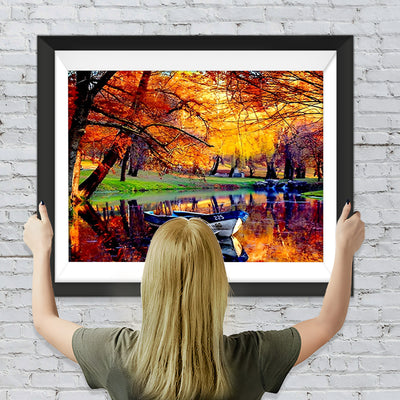 Boot auf dem See im Wald im Herbst Diamond Painting