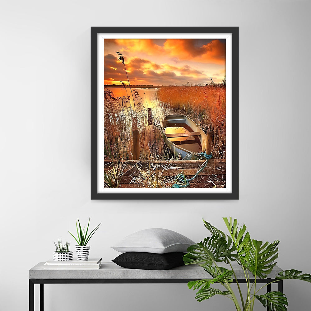 Boot im Schilf am See Diamond Painting