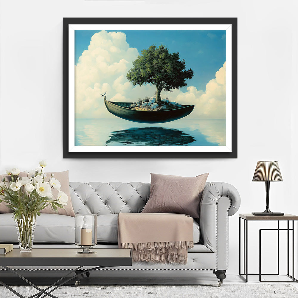 Boot mit schwimmendem grünem Baum Diamond Painting