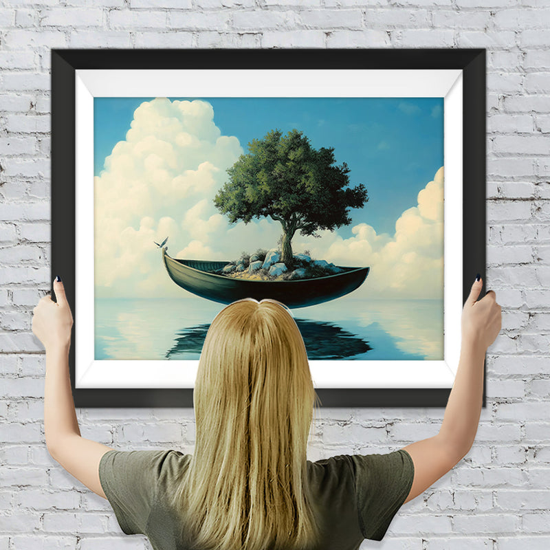 Boot mit schwimmendem grünem Baum Diamond Painting