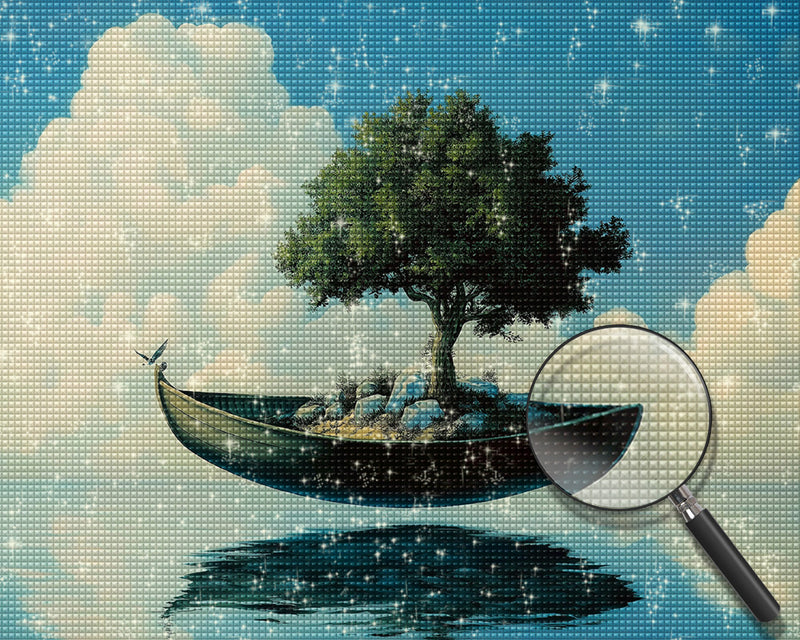 Boot mit schwimmendem grünem Baum Diamond Painting