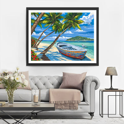 Boot und Palmen am Meer Diamond Painting