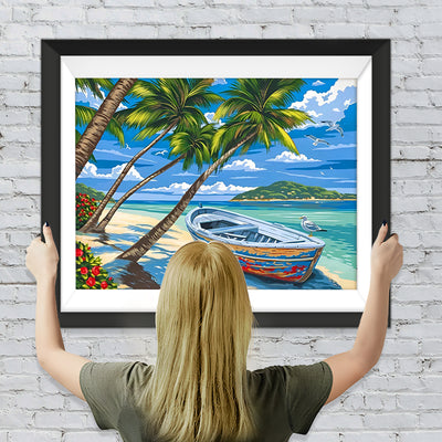 Boot und Palmen am Meer Diamond Painting