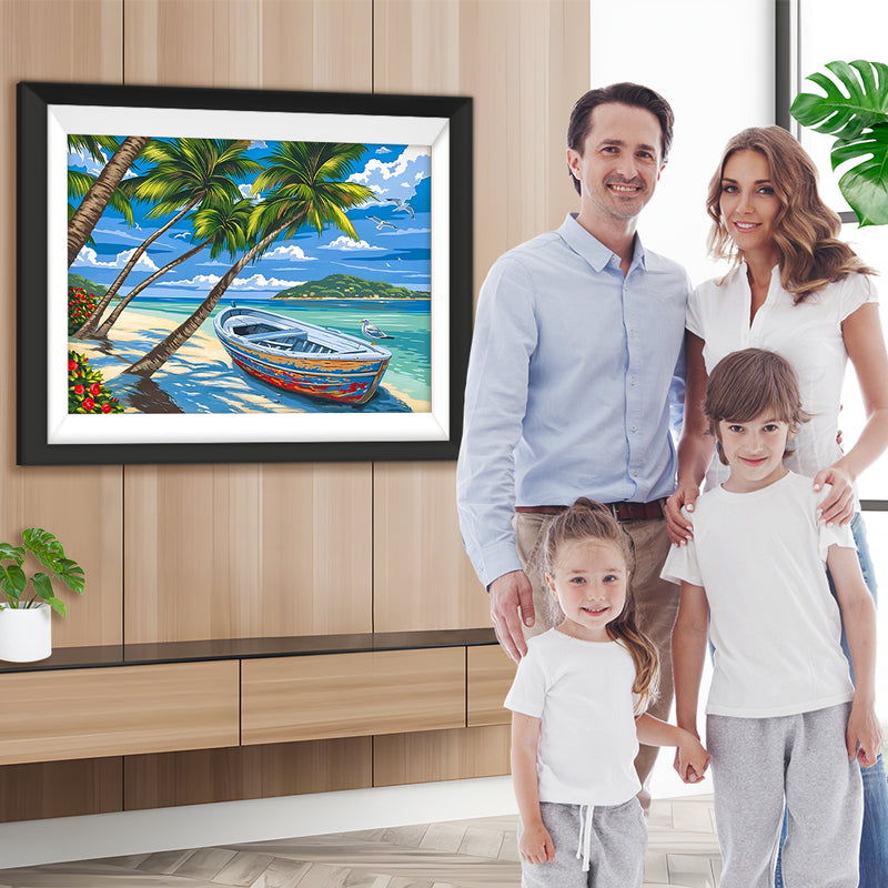 Boot und Palmen am Meer Diamond Painting