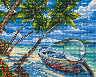 Boot und Palmen am Meer Diamond Painting