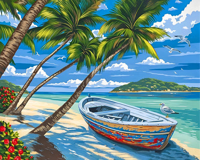 Boot und Palmen am Meer Diamond Painting