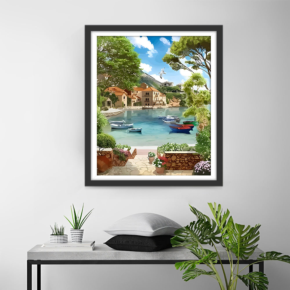 Boote in der Stadt am Meer Diamond Painting