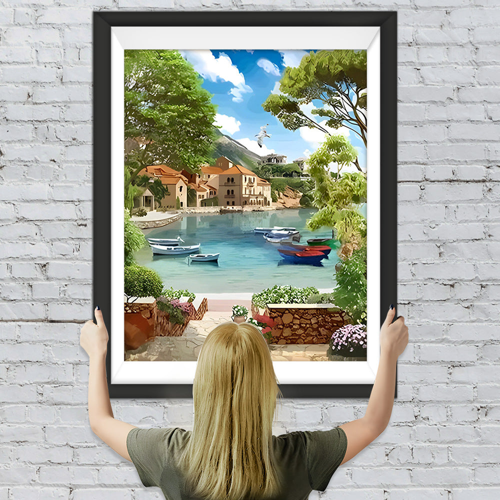 Boote in der Stadt am Meer Diamond Painting