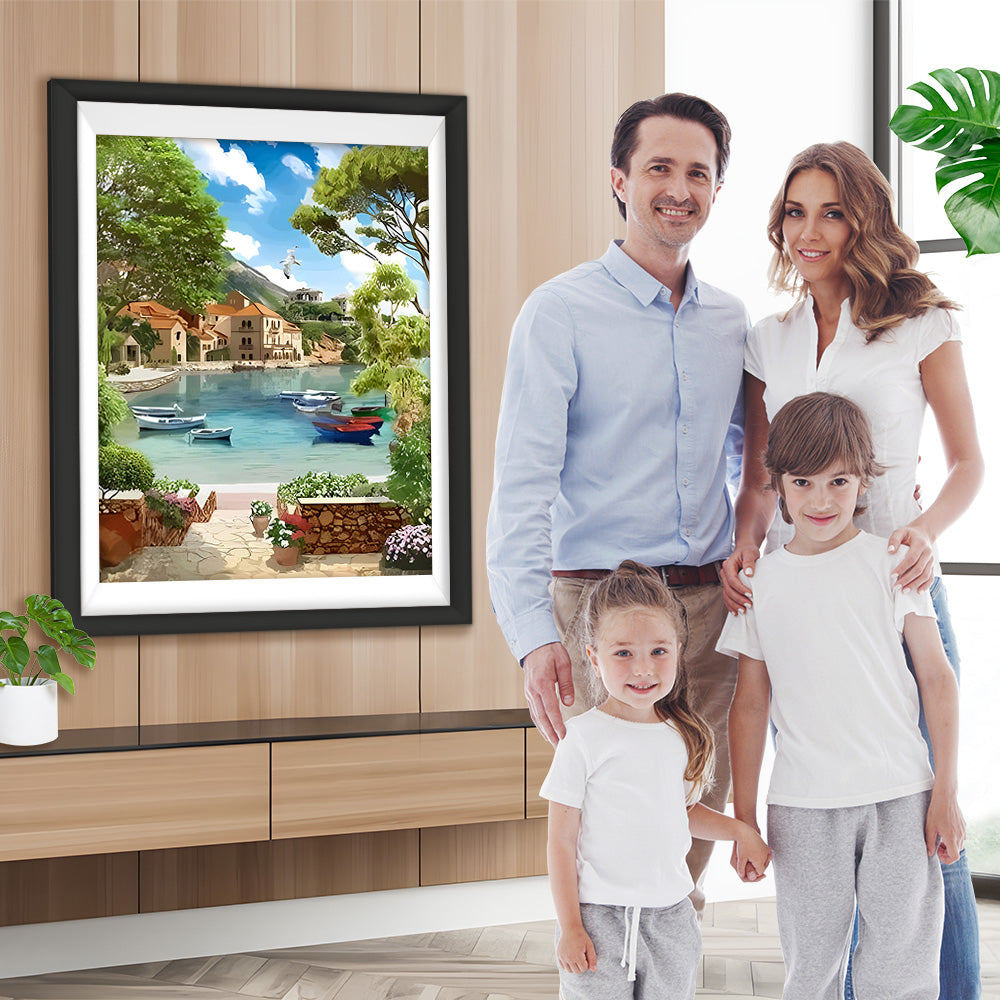 Boote in der Stadt am Meer Diamond Painting