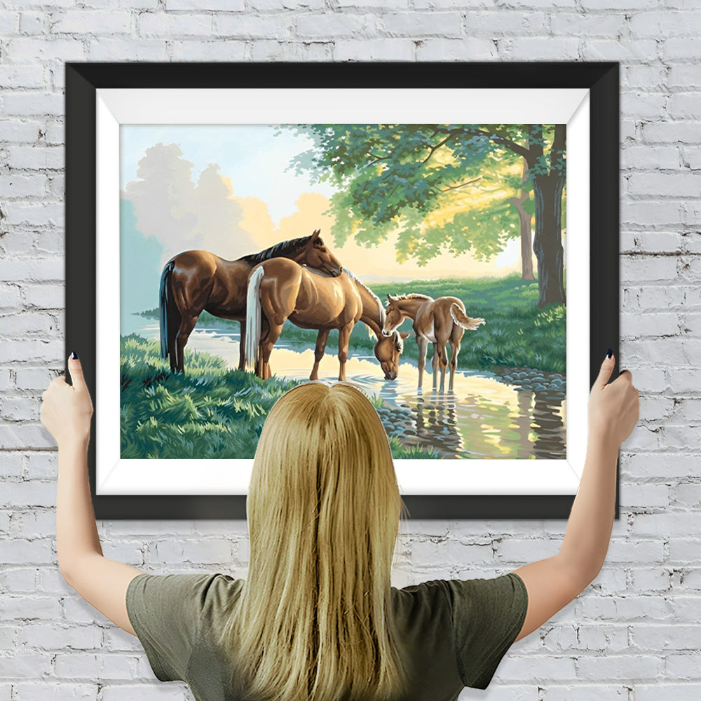 Braune Pferde am Fluss Diamond Painting