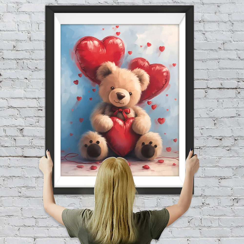 Brauner Bär und rotes Herz Ballons Diamond Painting