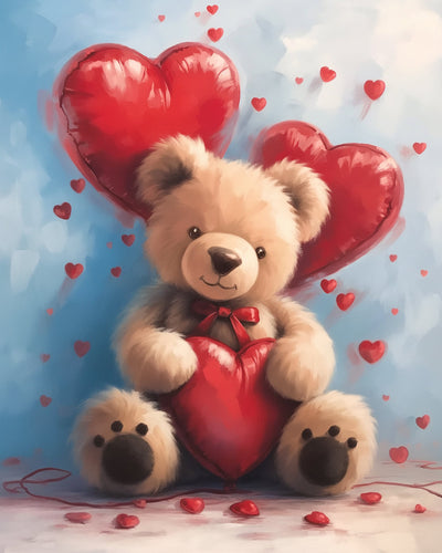 Brauner Bär und rotes Herz Ballons Diamond Painting