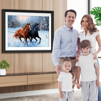 Braunes Pferd und schwarzes Pferd im Schnee Diamond Painting