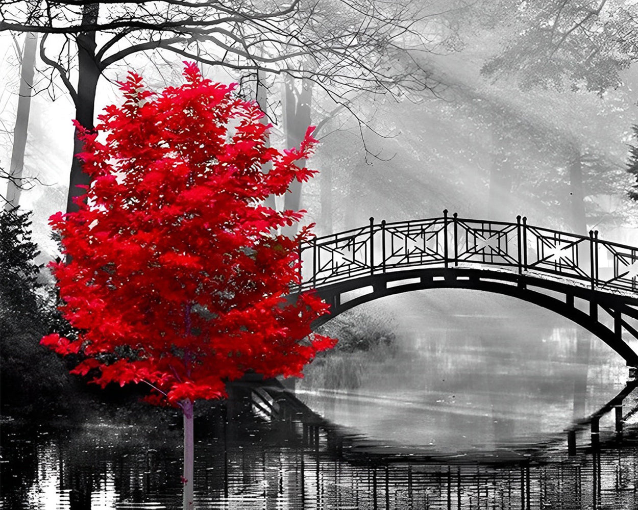 Brücke und roter Baum im Wald Diamond Painting