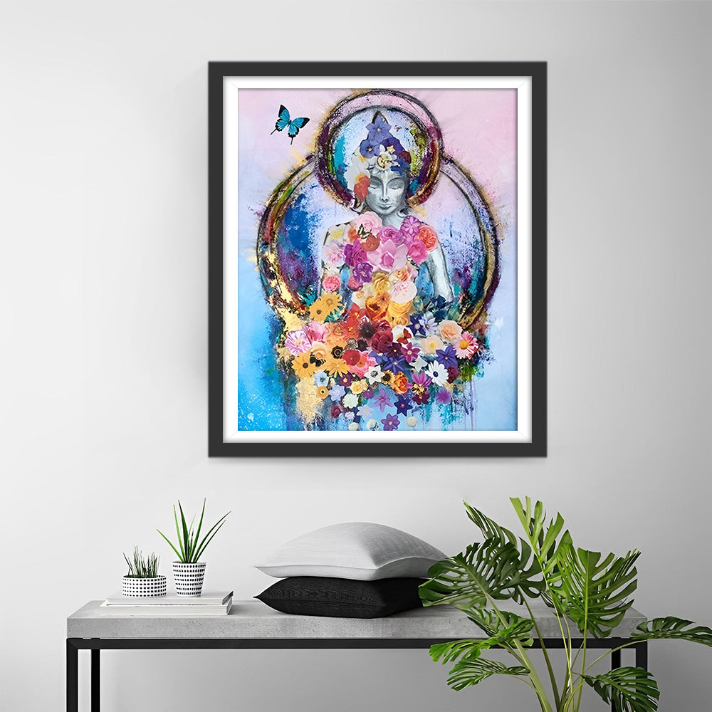Buddha-Statue, umgeben von Blumen Diamond Painting
